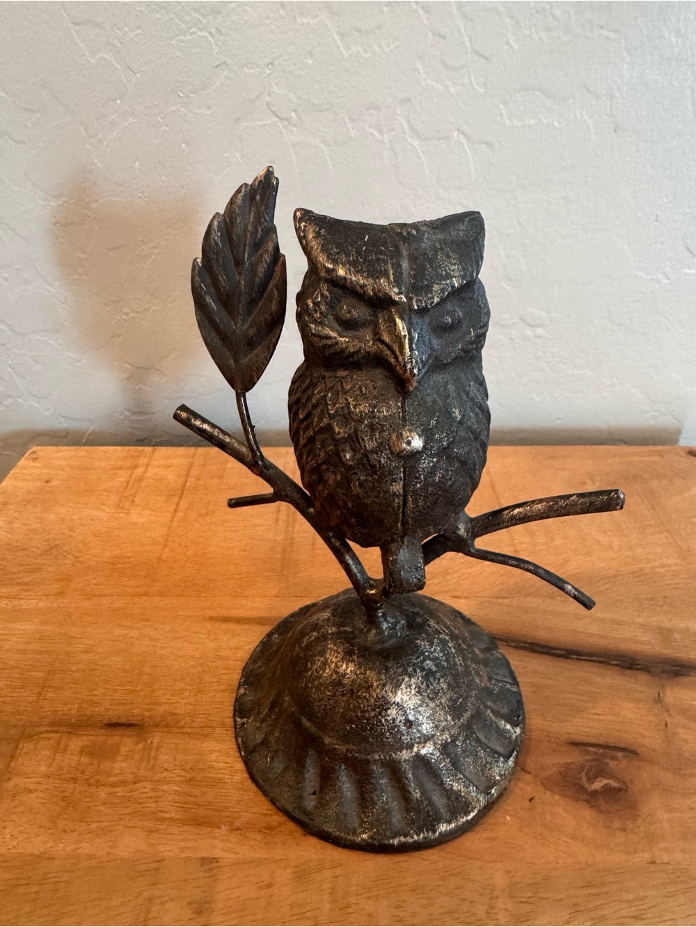 Wrought iron Owl Figurine on Branch - Distressed Black and Gold Finish